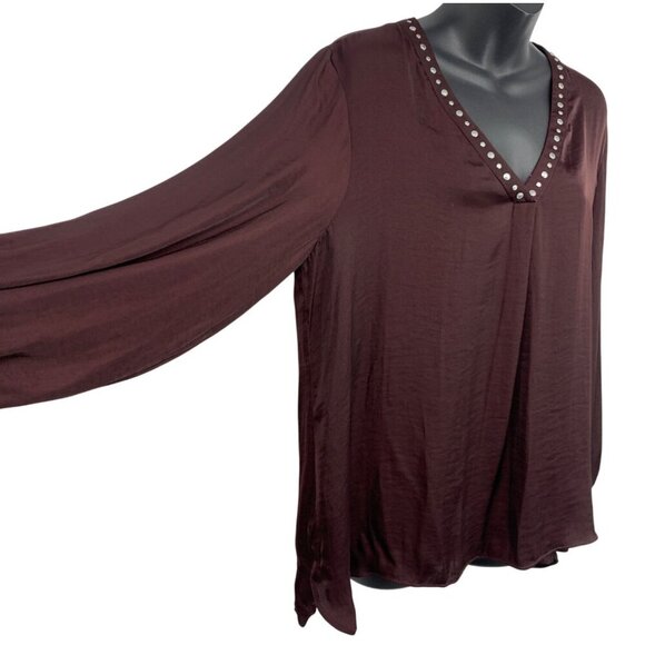 Vince Camuto Stud V-Neck Tunic Blouse Large Burgundy Beaded Long Sleeve NWT New - Picture 3 of 9